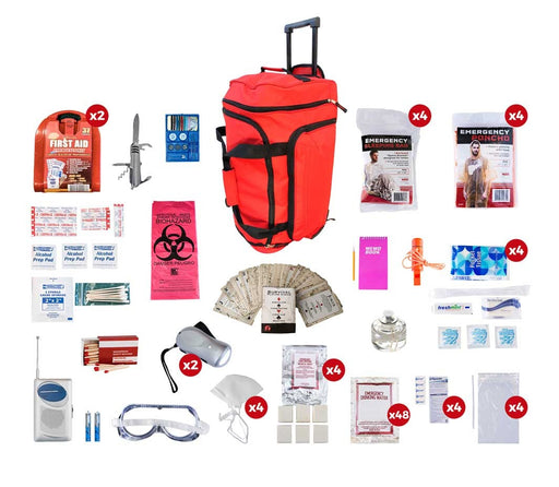 4 Person Deluxe Survival Kit (72+ Hours) - Red Roller Bag