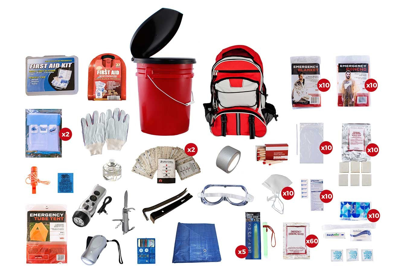 10 Person Survival Kit (72+ Hours) with Red Backpack